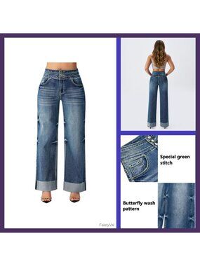High Waisted Wide Leg Jeans Cuffed Hem 3-Button Five Pocket